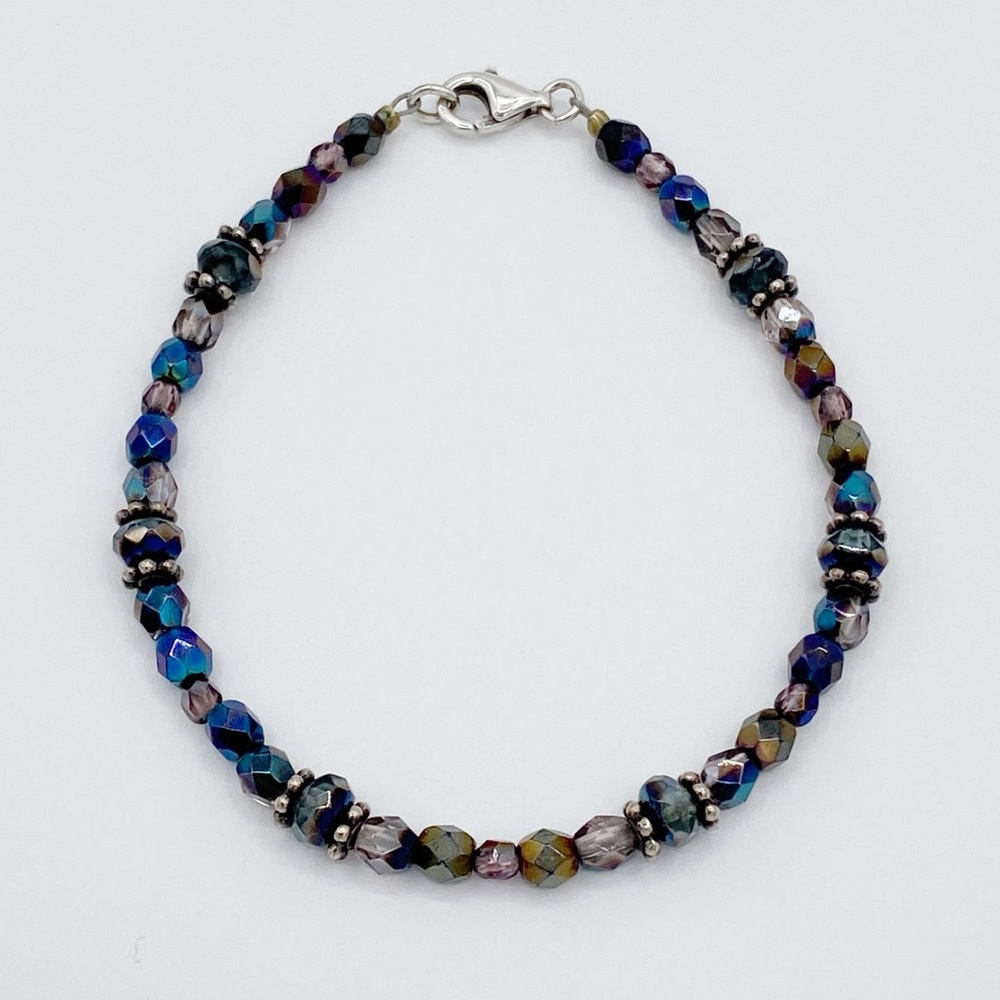 Faceted Crystal Glass Iridescent Beaded Bracelet With 925 Sterling Silver Clasp